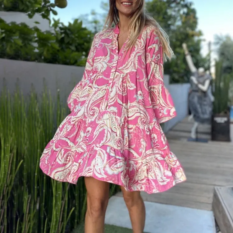 V-Neck Floral Lotus Leaf Sleeve Loose Fitting Mini Dress