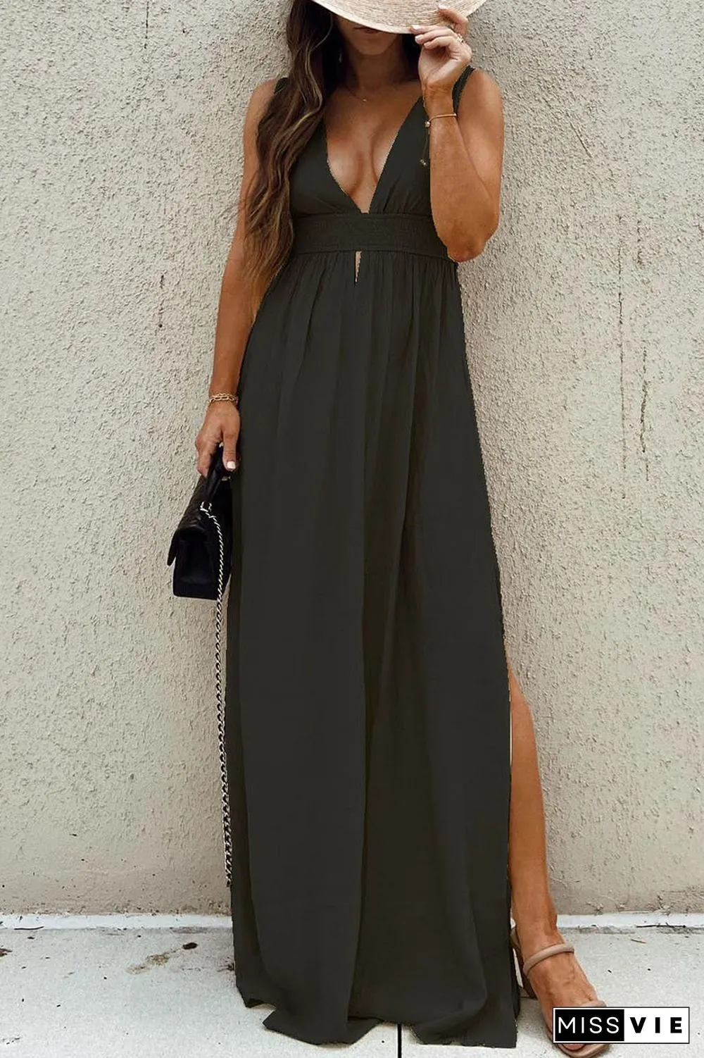 Sexy Vacation Solid High Opening Fold V Neck Beach Dress Dresses