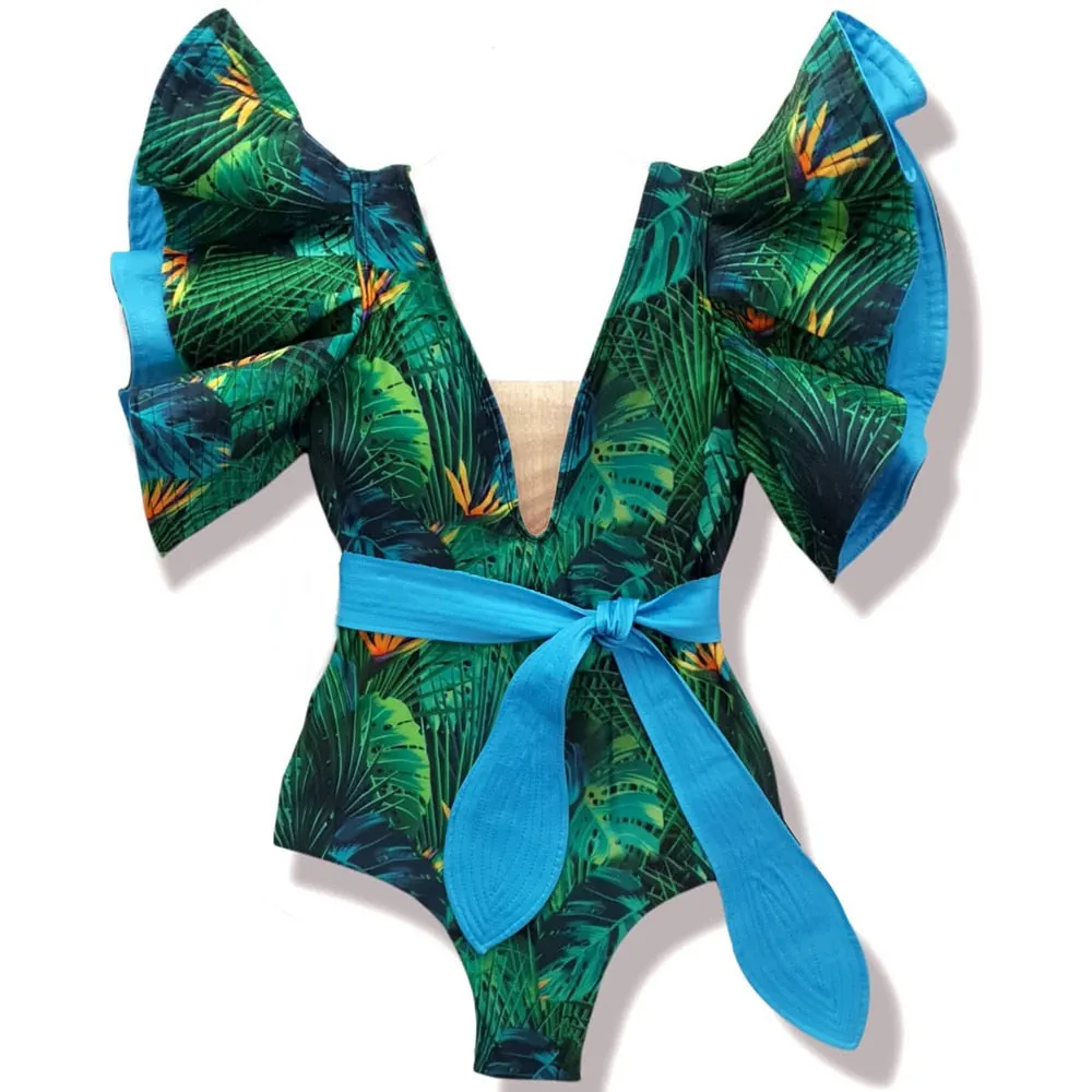 2022 New Sexy Ruffle Print Floral One Piece Strappy Slimming Swimwear Women Swimsuit Deep-V Bathing Suit Beach Wear Monkini