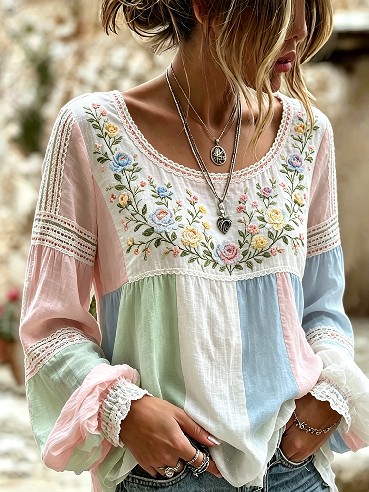 Comstylish Women's Retro Floral Art Embroidered Color-block Spliced Comfortable Cotton Linen Round Neck Long Sleeve Top