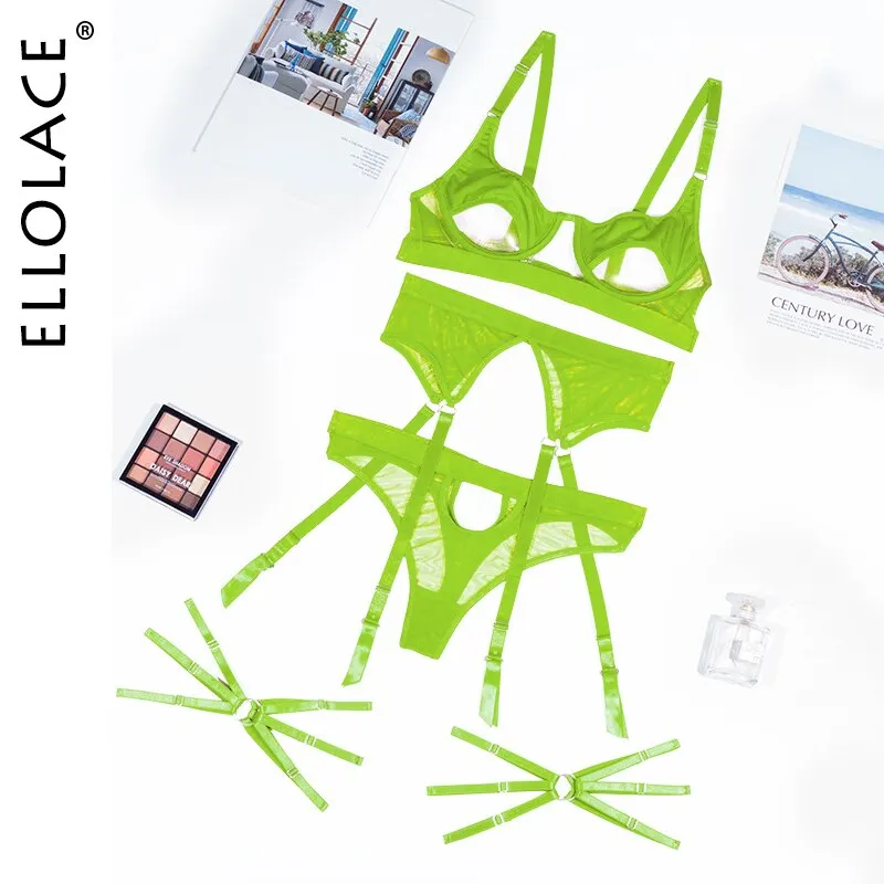 Ellolace Hollow Out Erotic Lingerie Apparel Underwear Set Solid Sexy Costume Bra 3 Piece Porn Sissy Intimate Sensual Sex Suit