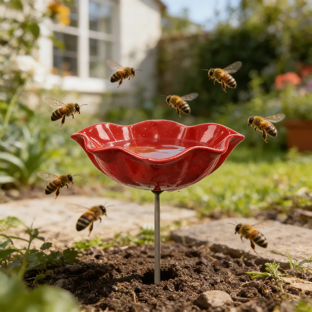 Bee Watering Station with Flower Design Bee Bath for Garden Decorative Metal Flower Garden Stake for Outdoor Yard Patio Decoration