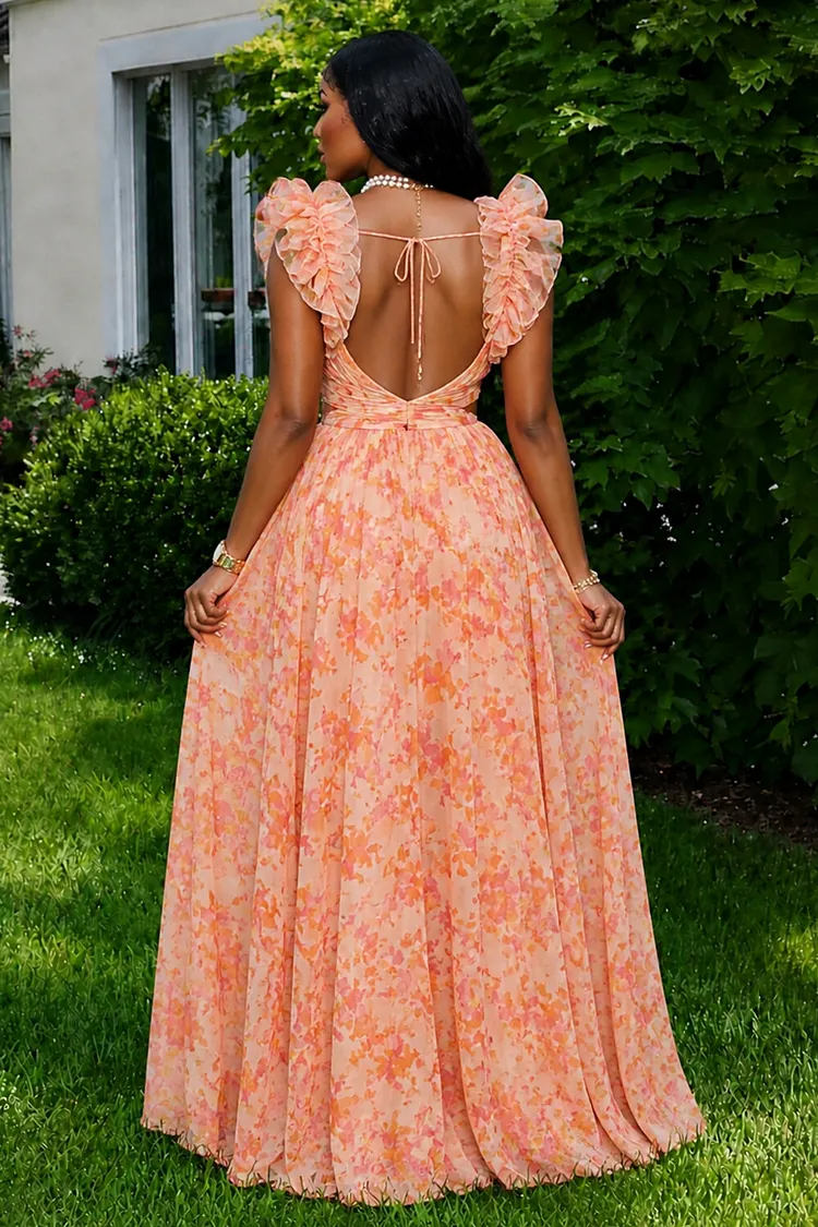 open lace back dress Women's Casual V neck Orange Ditsy Floral Print Fit & Flared Dress –  Cantabil main image 1