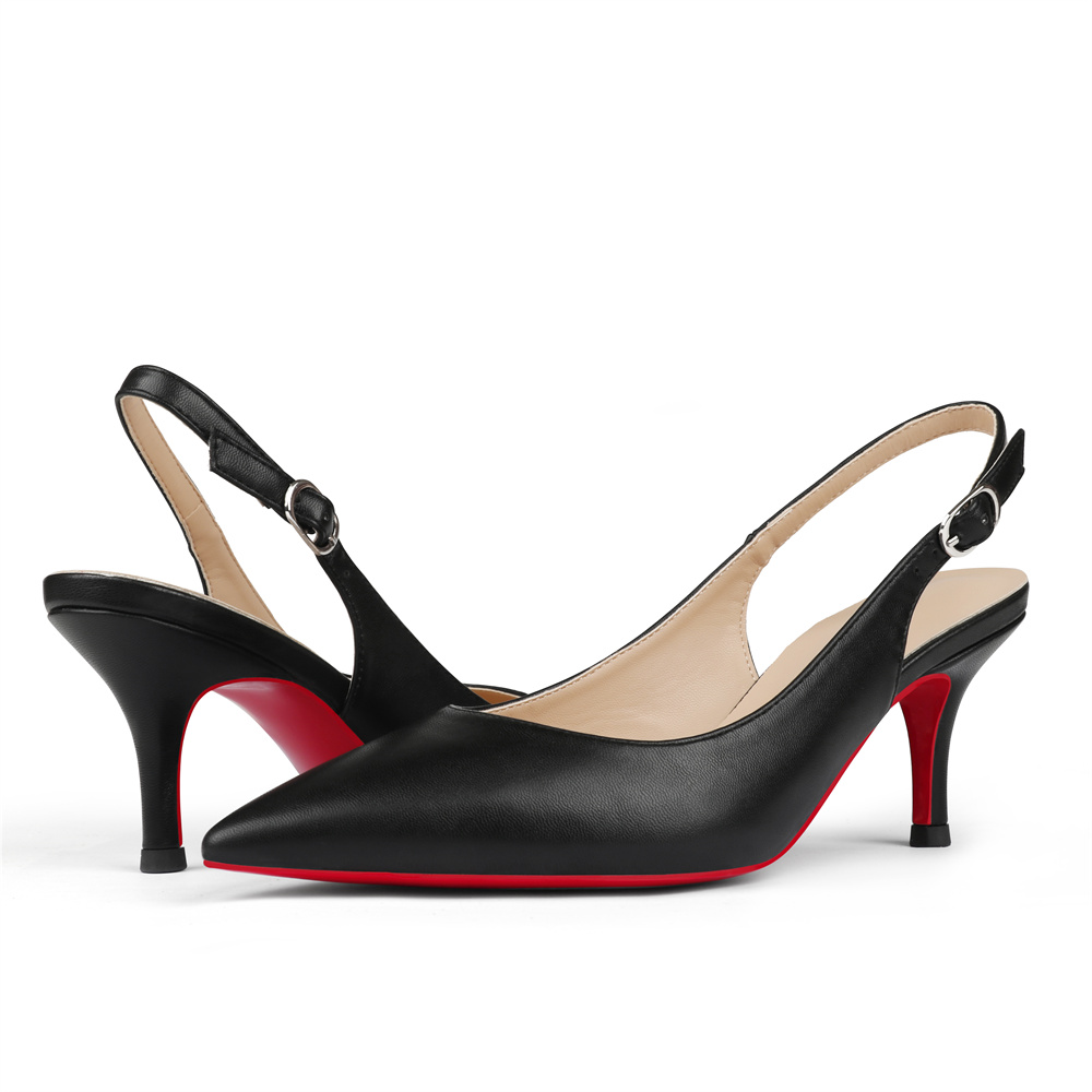 2.36" Women's Pointed Toe Red Bottom Sandals Slingback Shoes Kitten Heel Pumps Matte-MERUMOTE