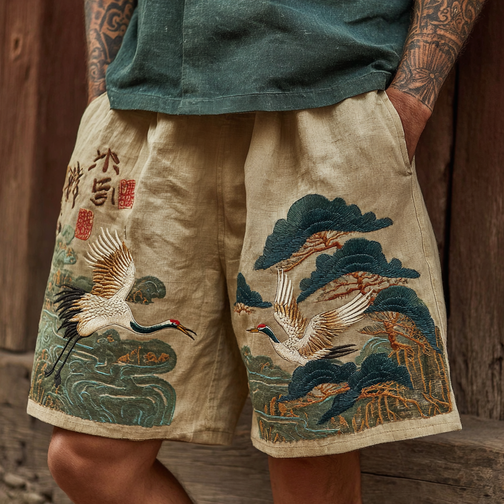 Japanese Pine And Crane Embroidery Art Linen Blend Shorts