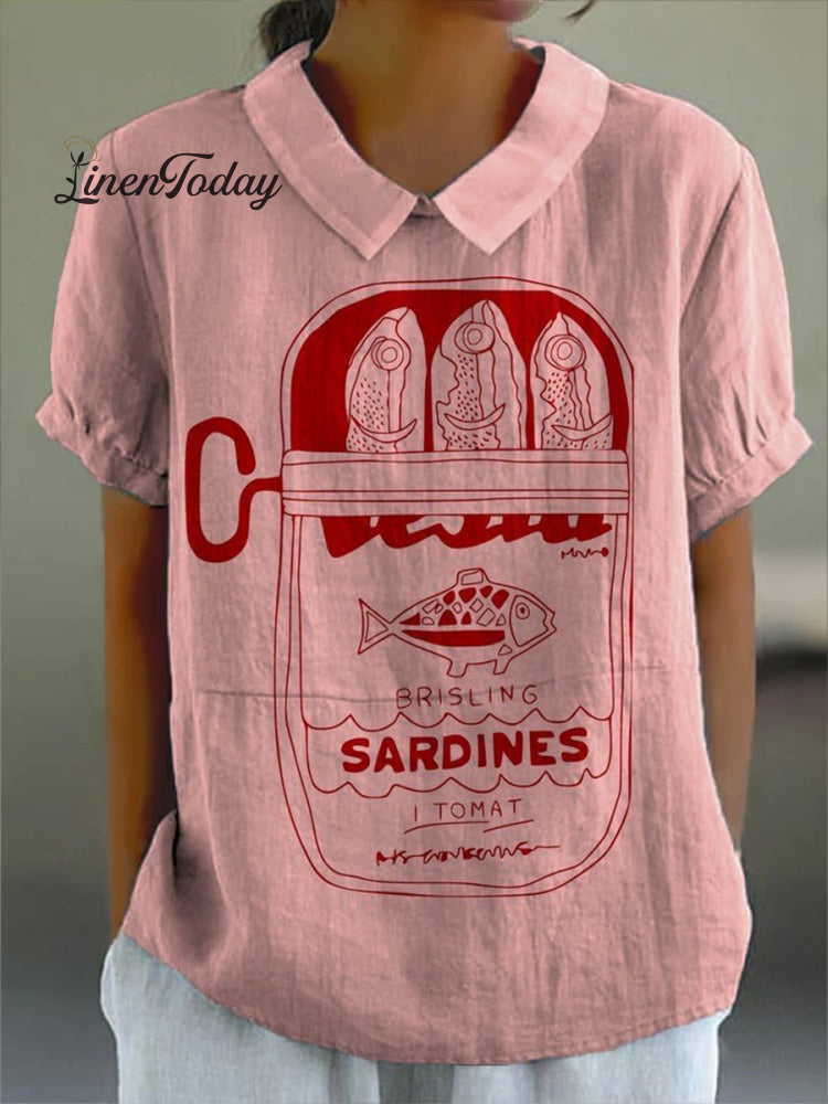 Women&rsquo;s Canned Pink Sardines Print Casual Cotton And Linen Shirt Multicolor / S