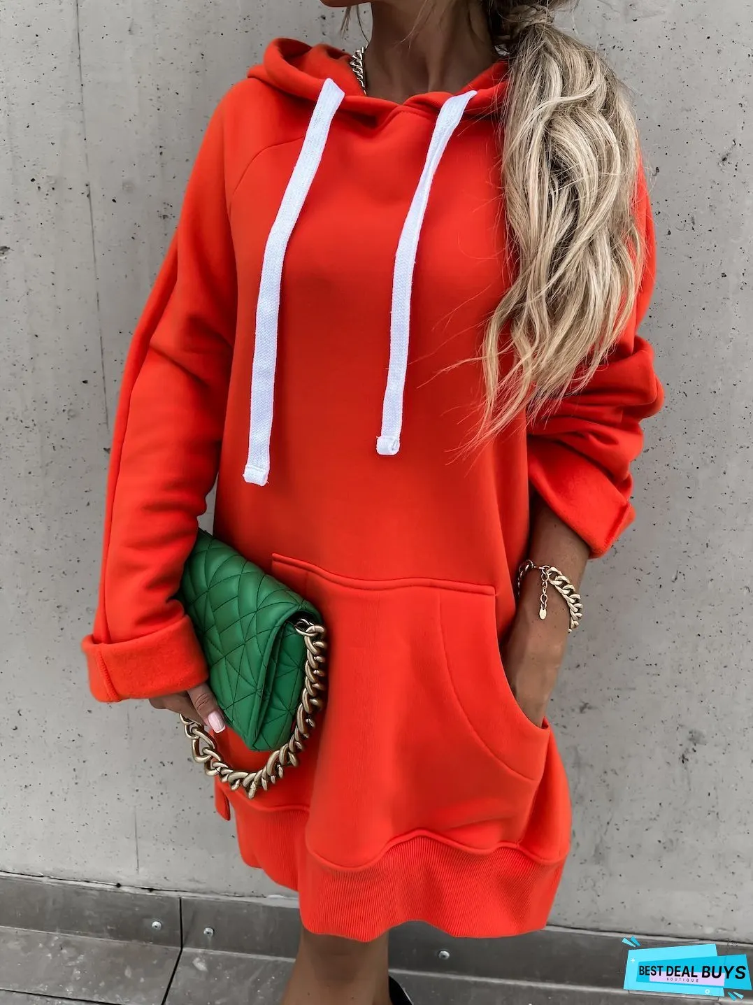 Pocket Long Sleeve Drawstring Hooded Slit Dress