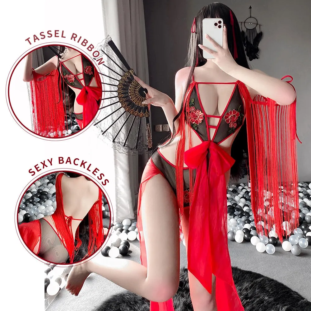 OJBK Sexy Cosplay Costumes Ribbon Lace Dancing Suit For Women Erotic Lingerie See Through Red Slim Curve Bodysuit Backless Dress