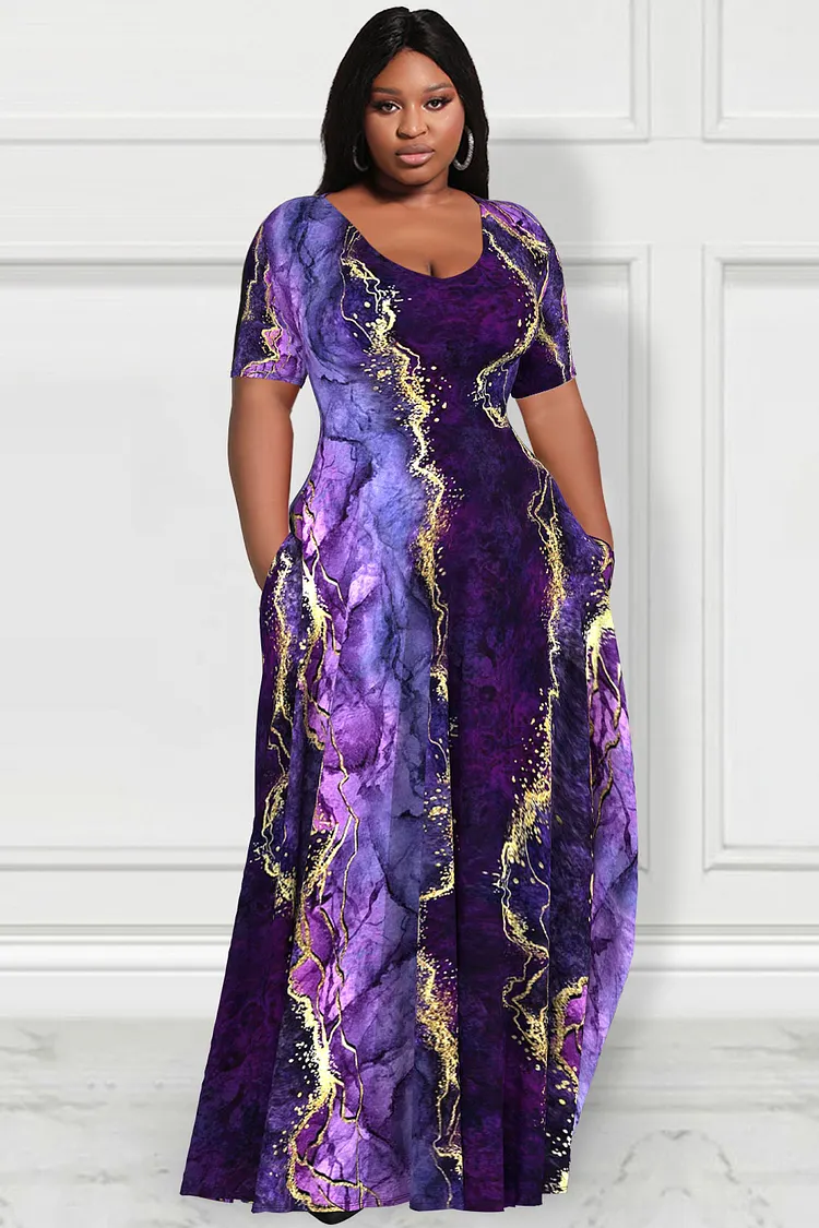 Xpluswear Design Plus Size Purple Ombre Marble Texture Short Sleeve Maxi Dresses 2024 - Xpluswear