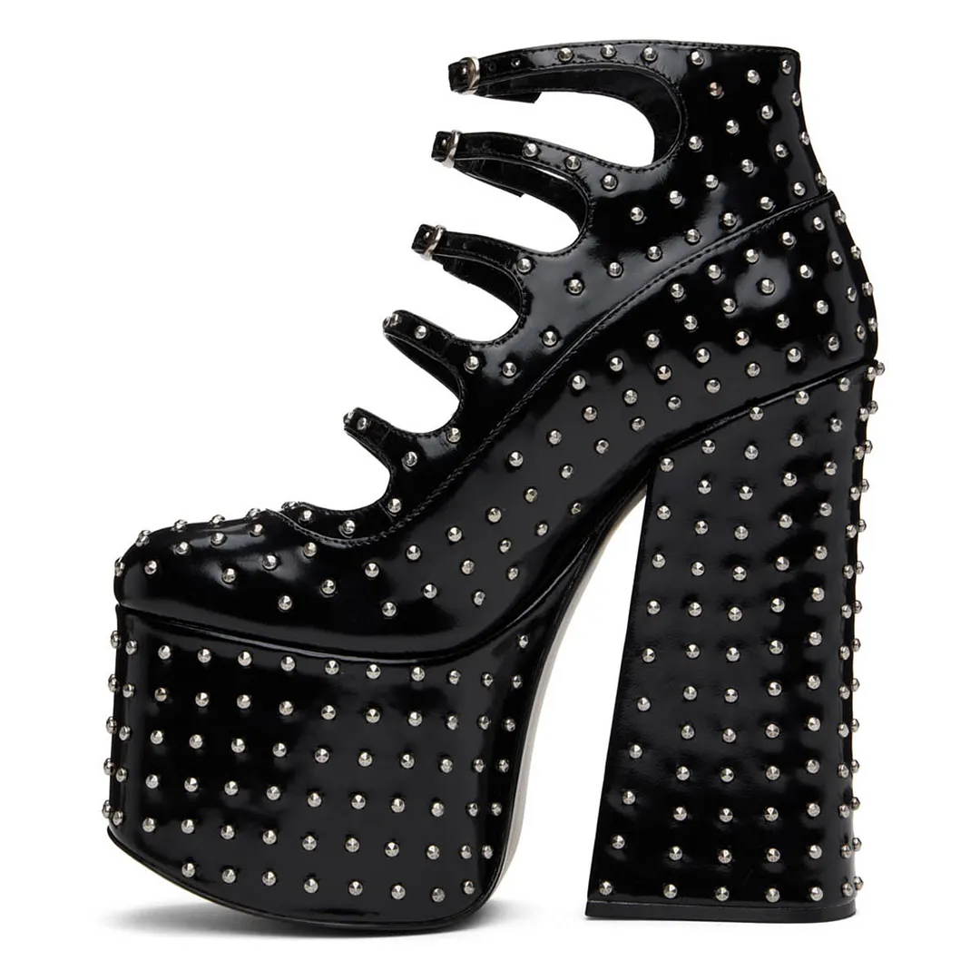 YDN Black Round Toe Studded Buckle Strap Women Platform Heels