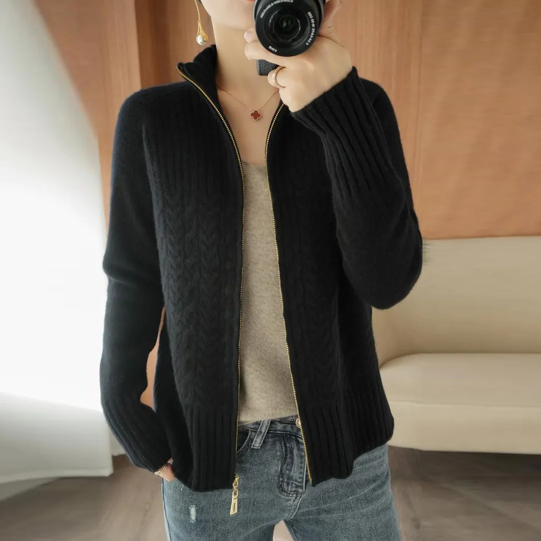 Cable-Knit Apricot Plain Zip V Neck Sweater Cardigan