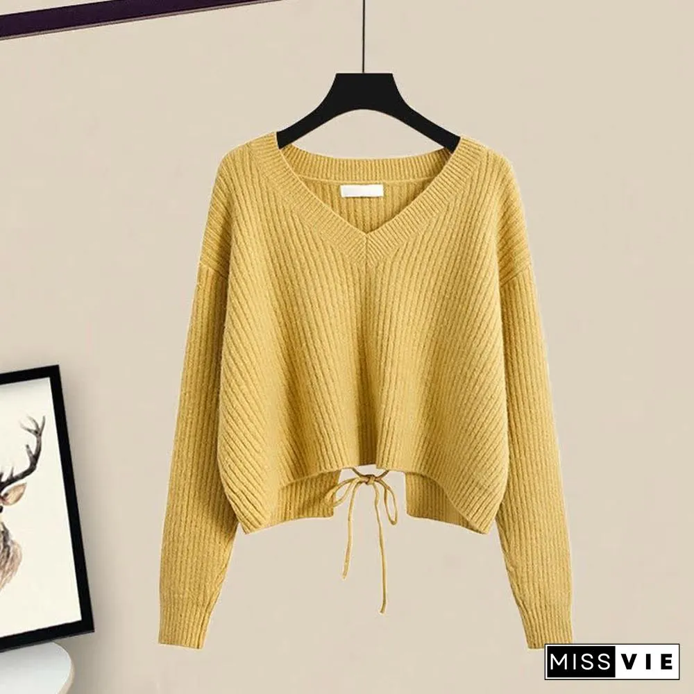 V-neck Lace Up Knit Sweater A-line Skirt Two Pieces