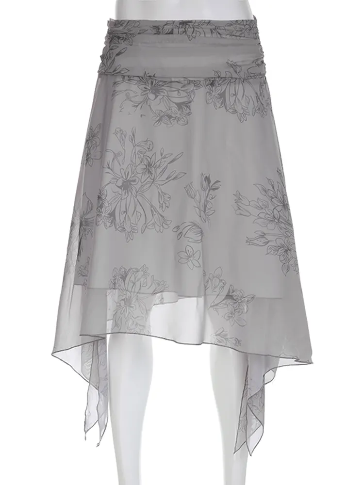 Brownm Grunge Fairycore Low Waist Midi Skirts Vintage Floral Print Skirt Cyber Y2K Aesthetic Clothes Long Skirt Women Summer