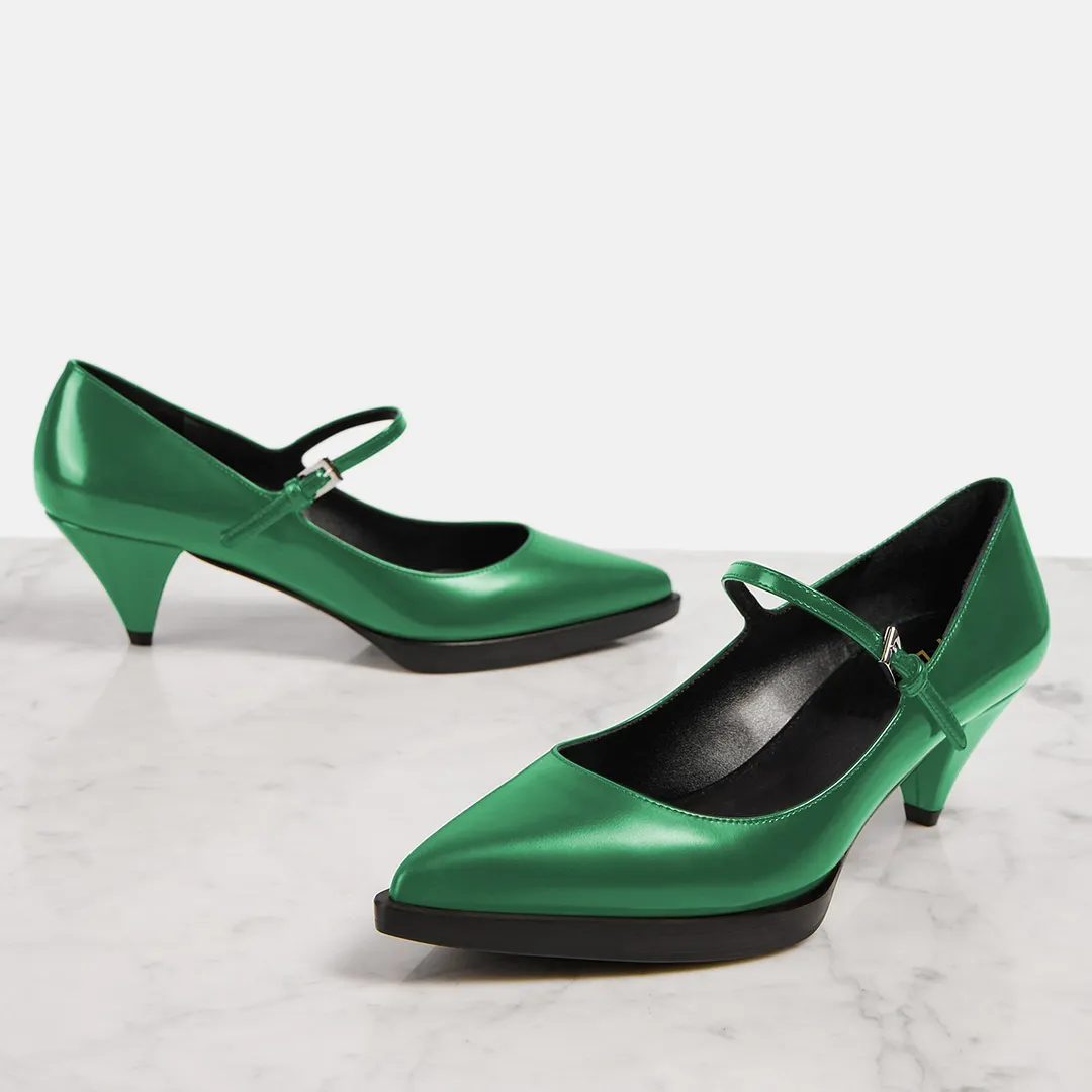 Shiny Dark Green Vegan Leather Heel Buckle Fastening Strappy Pumps