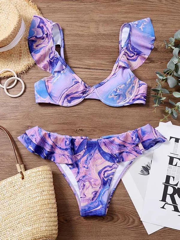 Tie-Dye Ruffled Sweatheart Bikini Swimwear