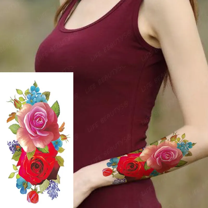 Sdrawing Temporary Flower Tattoos Women Fashion Beauty Rose Butterfly Flash 3D Fake Tattoo Arm Sleeve Pink Blue Sticker Girl