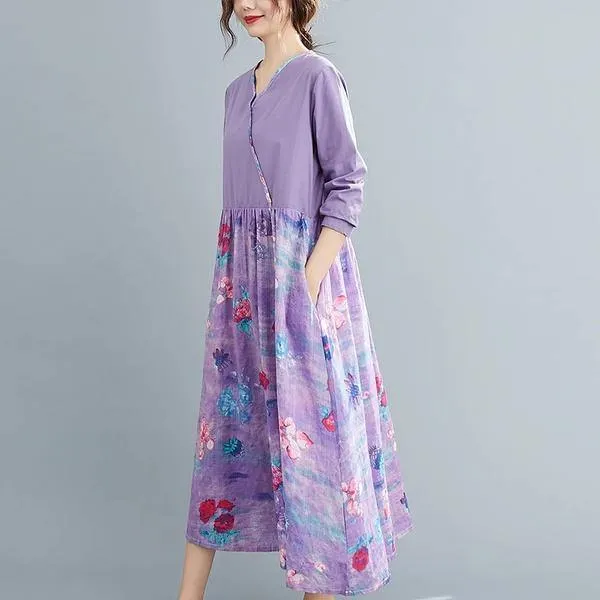 omychic plus size cotton linen vintage floral for women casual loose spring autumn dress
