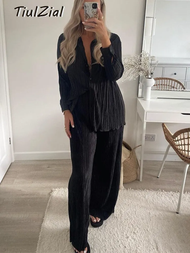 Pleated Y2K High Waist Straight Pants Women Summer Long Trousers Wide Leg Capris Pant Bottom Green Plisse