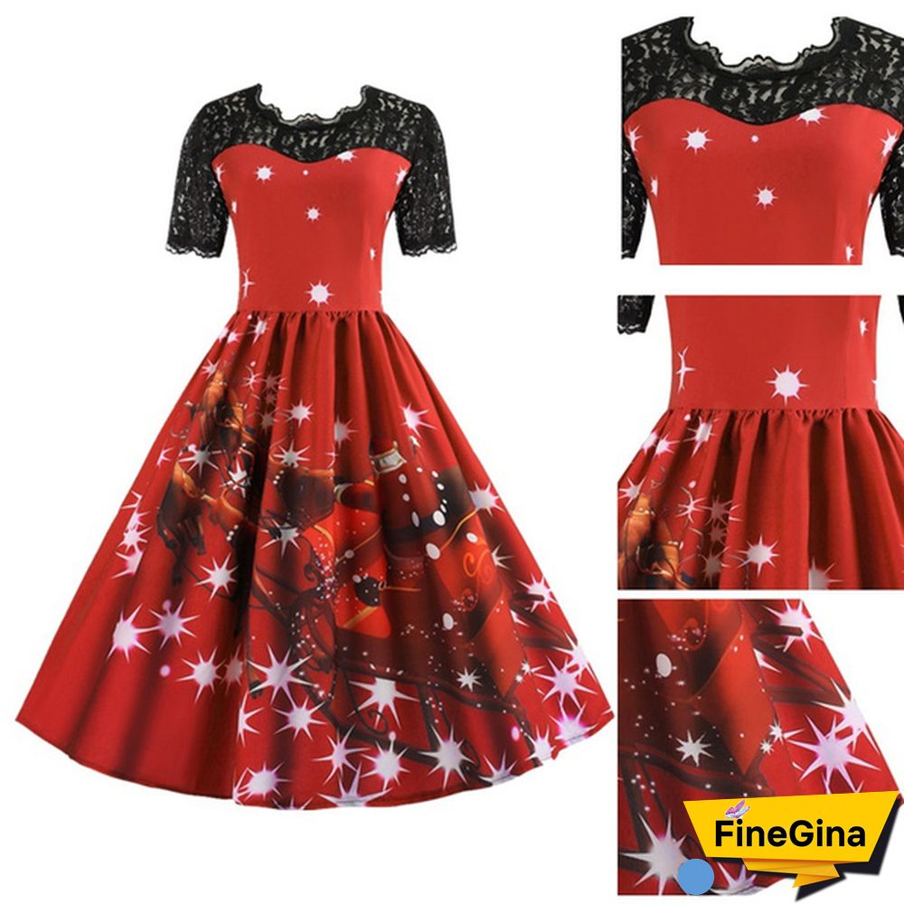 Plus Size Fashion Women Pumpkin Snowflake Print Dress Short Sleeve Lace Dress Christmas Halloween Costume Knee Length Party Dresses
