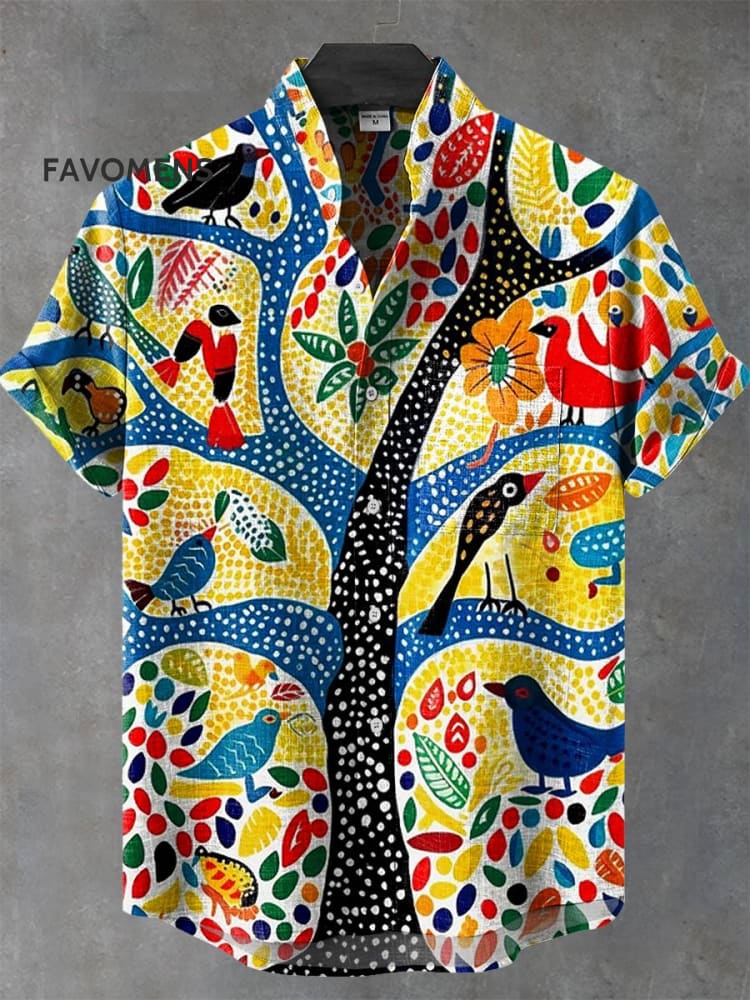 Vintage Abstract Flower Bird And Tree Art Print Casual 100% Cotton Shirt Multicolor / S