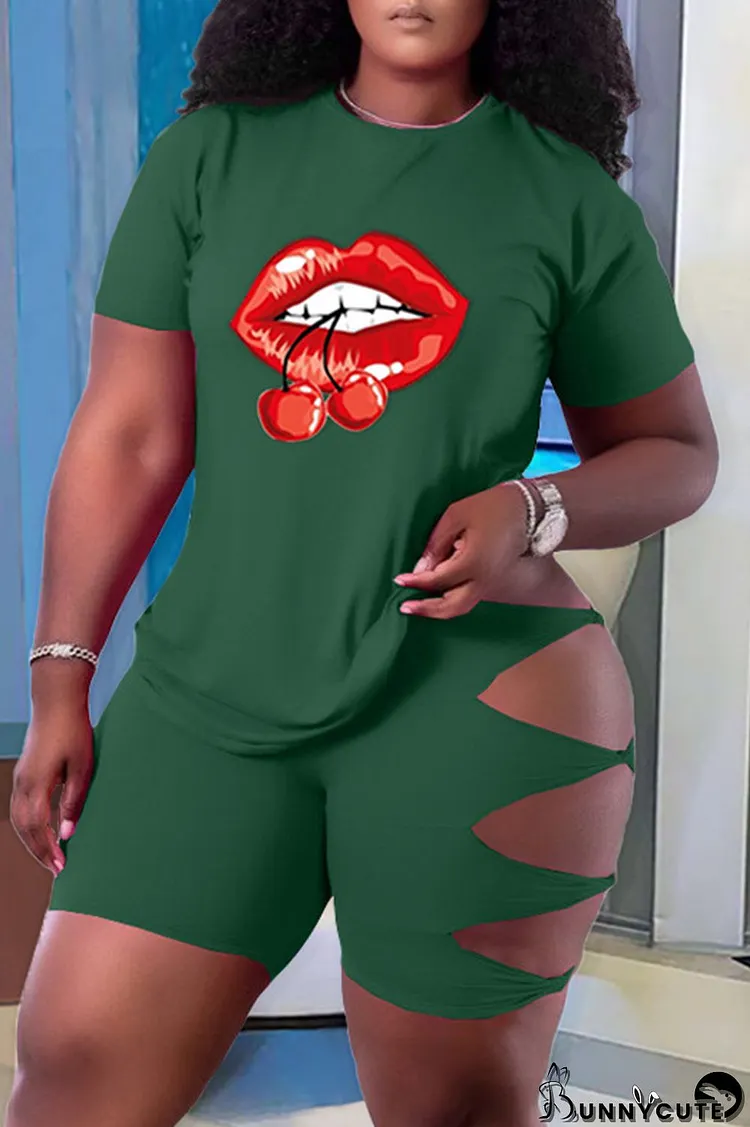 Green Fashion Casual Lips Printed Ripped Hollowed Out O Neck Plus Size Two Pieces