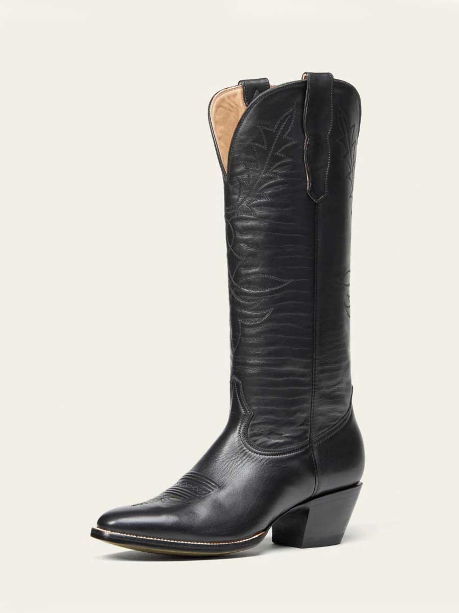 Black Vegan Leather Sophisticated Embroidered Wide Calf Knee High Cowgirl Boots