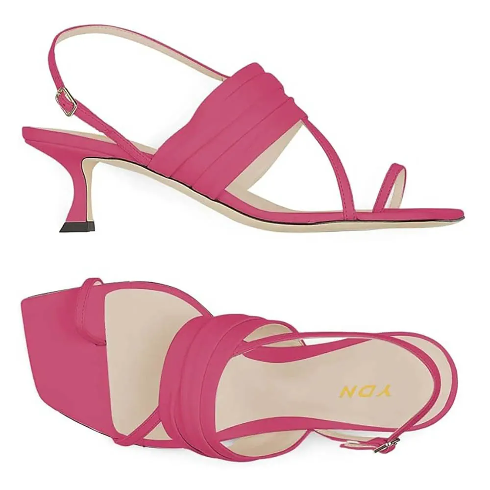 Cute Fuchsia Low Kitten Heel Toe Ring Sandals with Wrinkled Strap
