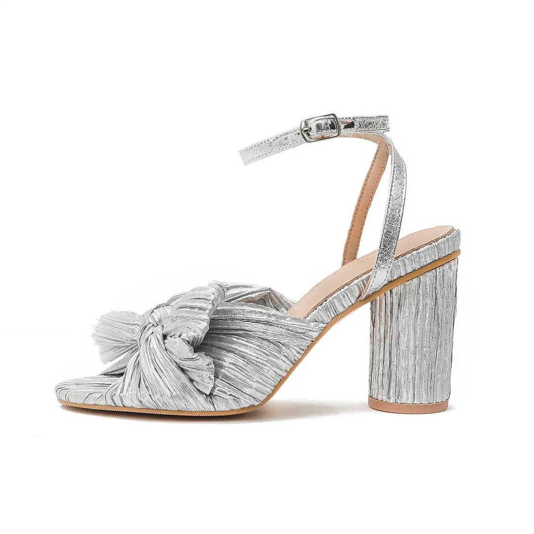 Women Sandals New Brand Summer Shoes Pleated Bow-Knot Round Heels Open Toe Dress Shoes Big Size Party Wedding Shoes
