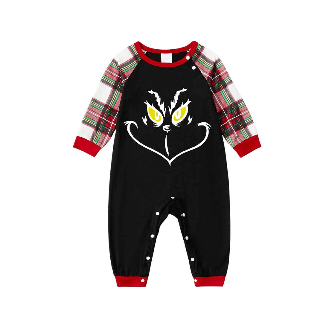 Christmas Cartoon Face Print Black Long Sleeve Top with Red & White & Green Plaid Family Matching Pajamas