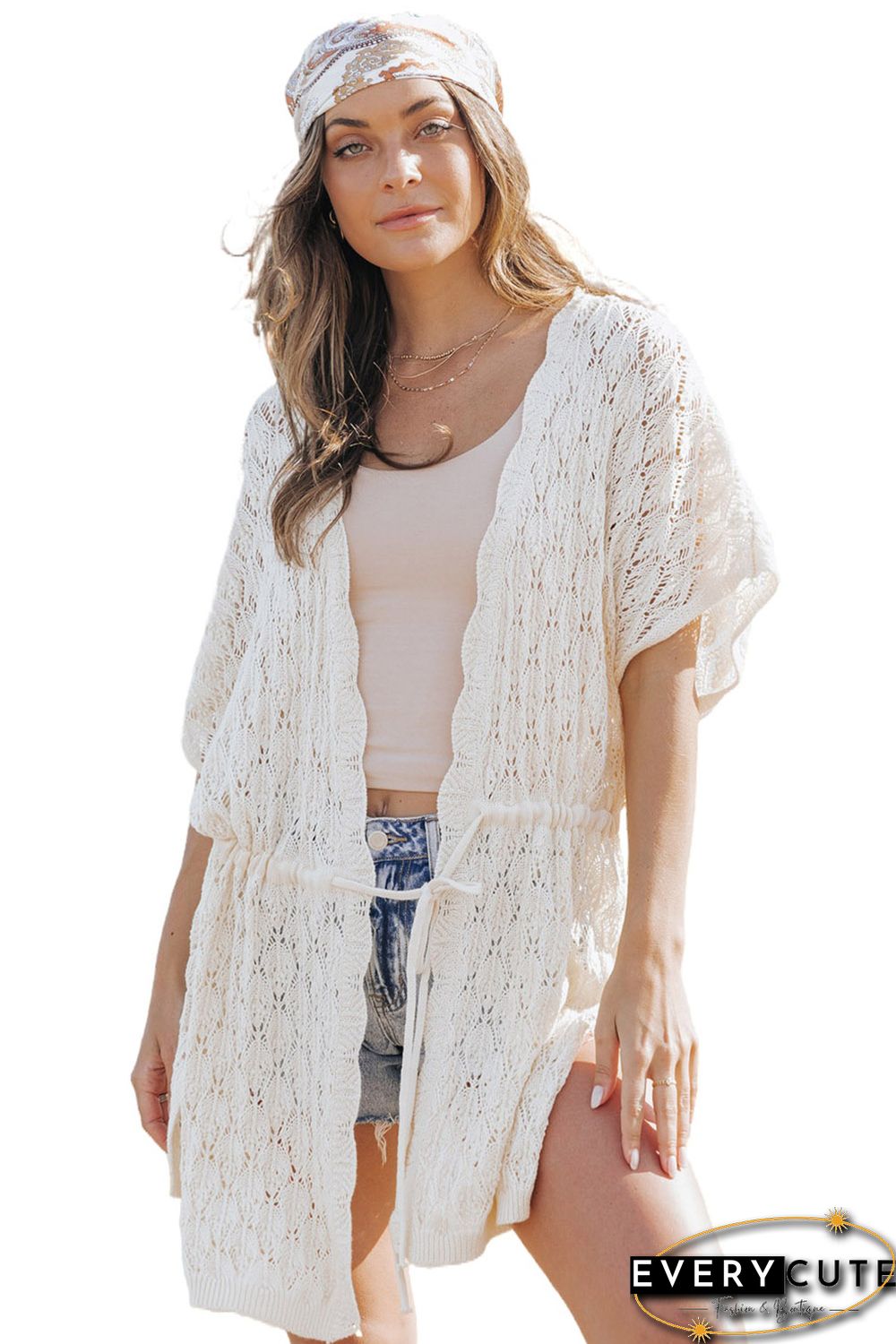 White Crochet Open Front Kimono with Slits