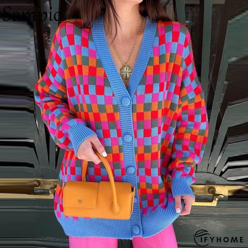 Christmas Gift Sampic Loose Patchwork Knitwear Winter Women Cardigans Tops Oversized Long Sleeve Y2K V Neck Sweater Casual Fashion Tops | IFYHOME
