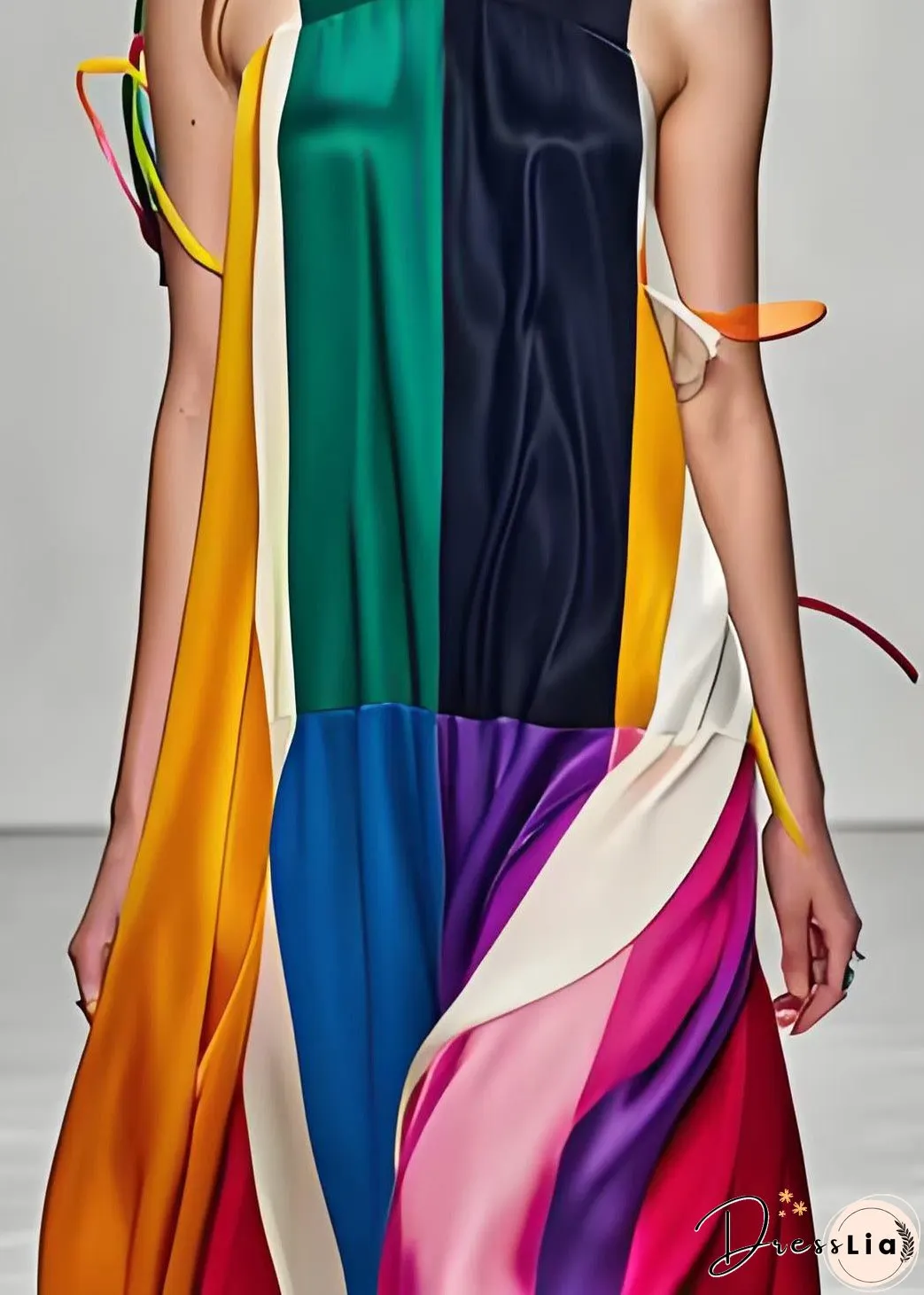 Stylish Colorblock V Neck Patchwork Silk Maxi Dress Sleeveless