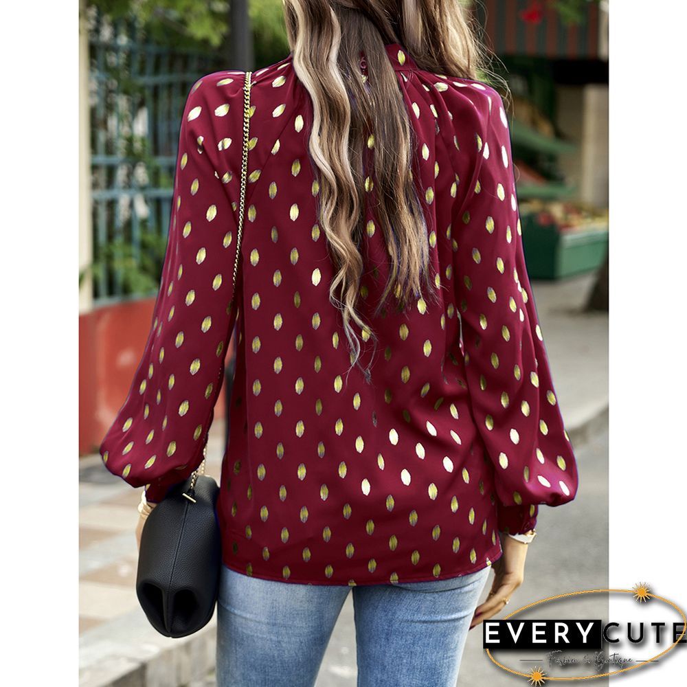 Burgundy Notched Neck Pleated Cuffs Long Sleeve Tops
