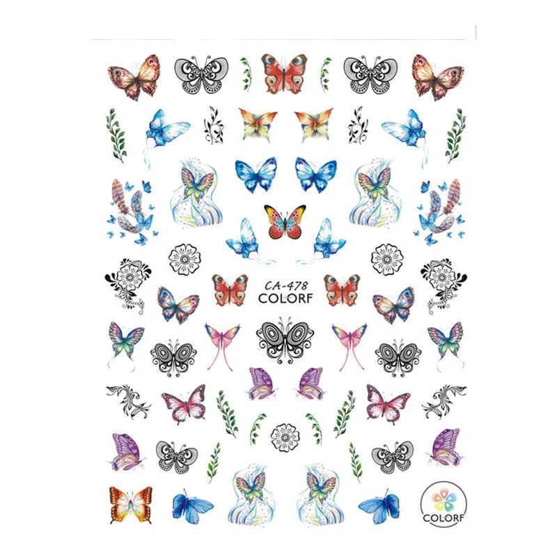 1pc Holographic Blue Nail Stickers Pink Colorful Butterfly Art Sticker With Adhesive DIY Extension Flowers Rose Nail Decoration-Nail Inspo
