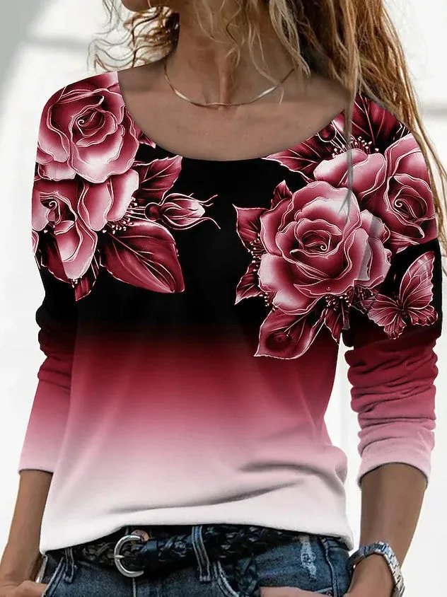 Brownm Long Digital Printing Sleeve Loose Neck Casual Pullover Print T-shirt