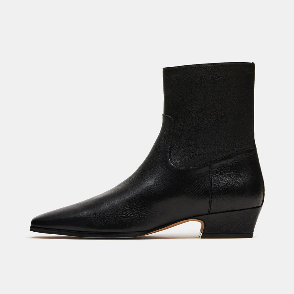 Black Vegan Leather Chunky Heel Square Toe Zipper Ankle Boots