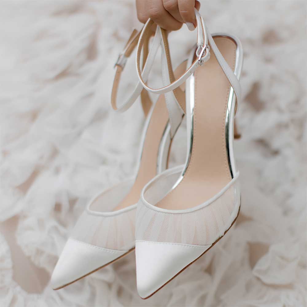 White Satin & Mesh Pleated Pointed Toe Ankle Strap Wedding Heels