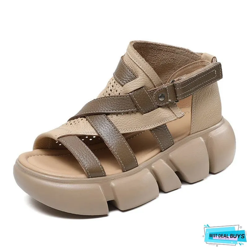 Women Summer Retro Leather Casual Platform Sandals