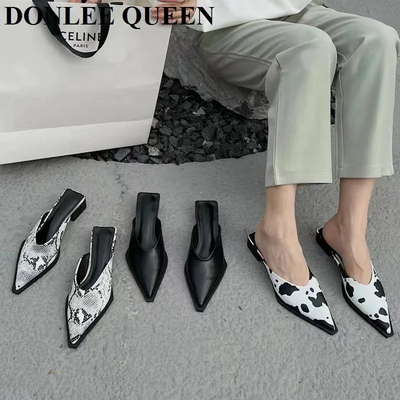 2022 Brand Designer Women Slippers Fashion Leopard Mule Flat Pointed Toe Casual Shoes Slide Low Heel Snake Sandal Big Size 35-41