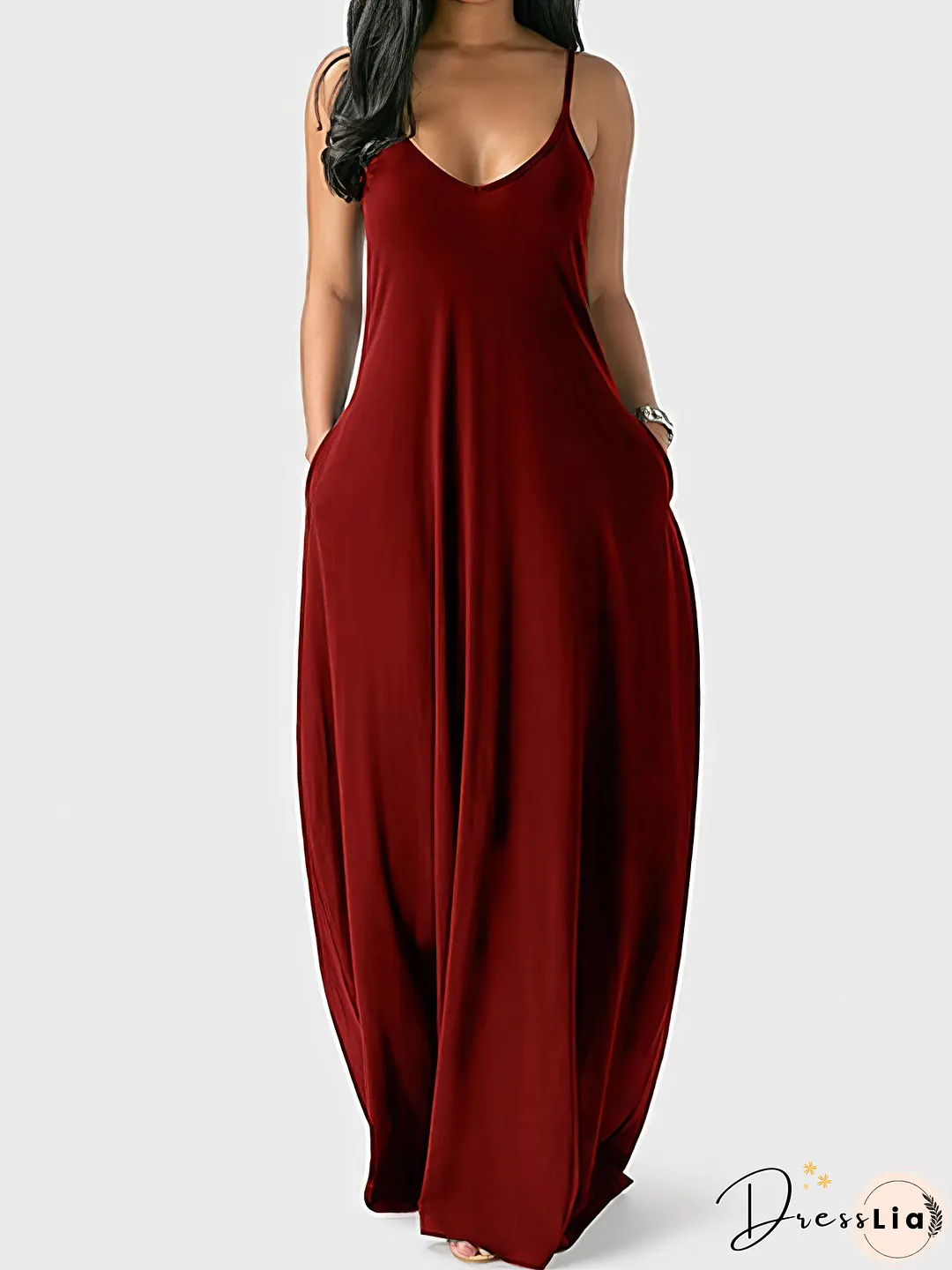 V-neck Solid Pocket Casual Sling Dress