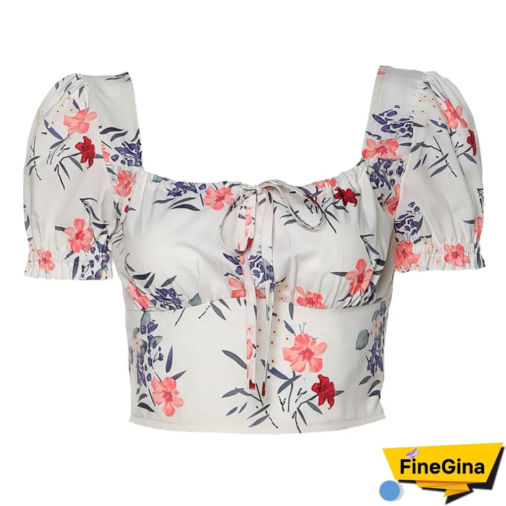 Summer New Fashion Sexy Floral Short Sleeve T-Shirts Summer Square Neck Tops Women Casual Exposed Navel Street Wear