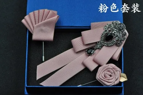 High-quality Fashion Handmade Red Diamond Bow Tie Wedding Collar Bowtie Brooch Pocket Towel Square Set Gifts for Men Accessories