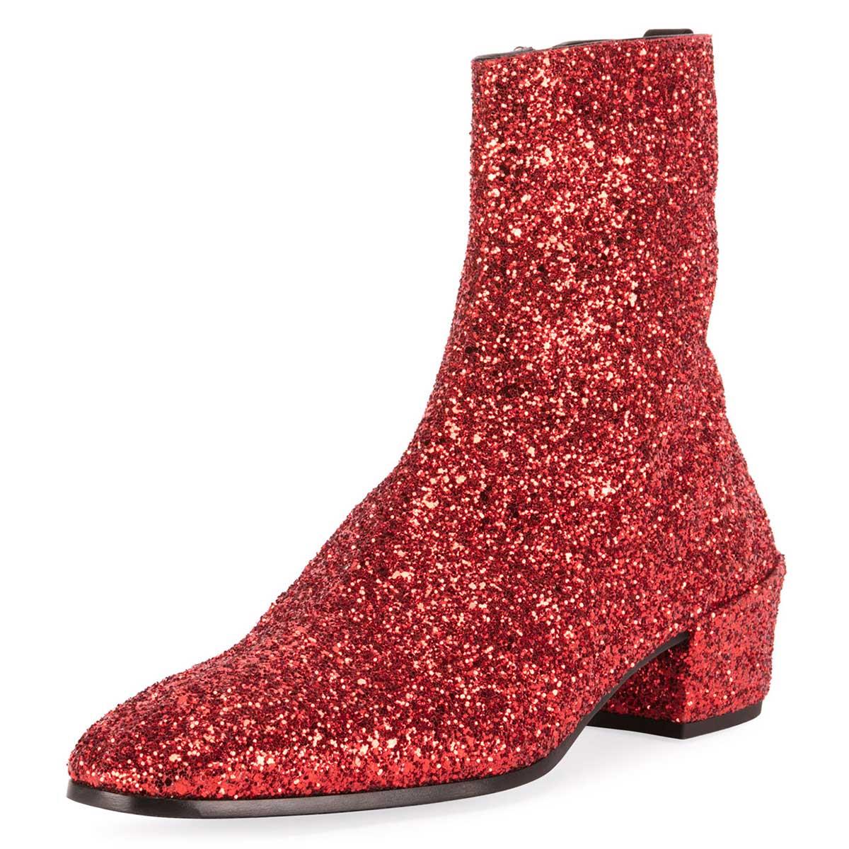 Chic Red Closed Toe Low Chunky Heel Glitter Ankle Boots Nicepairs