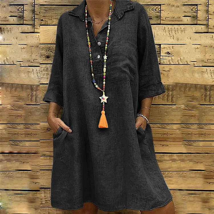 Women Vintage Pocket Casual Shirt Dress