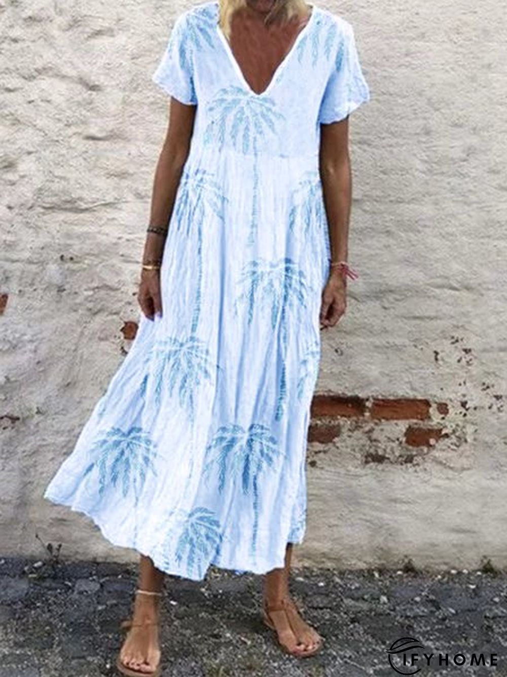 Women Short Sleeve V Neck Vintage Plant Floral Casual Weaving Dress | IFYHOME