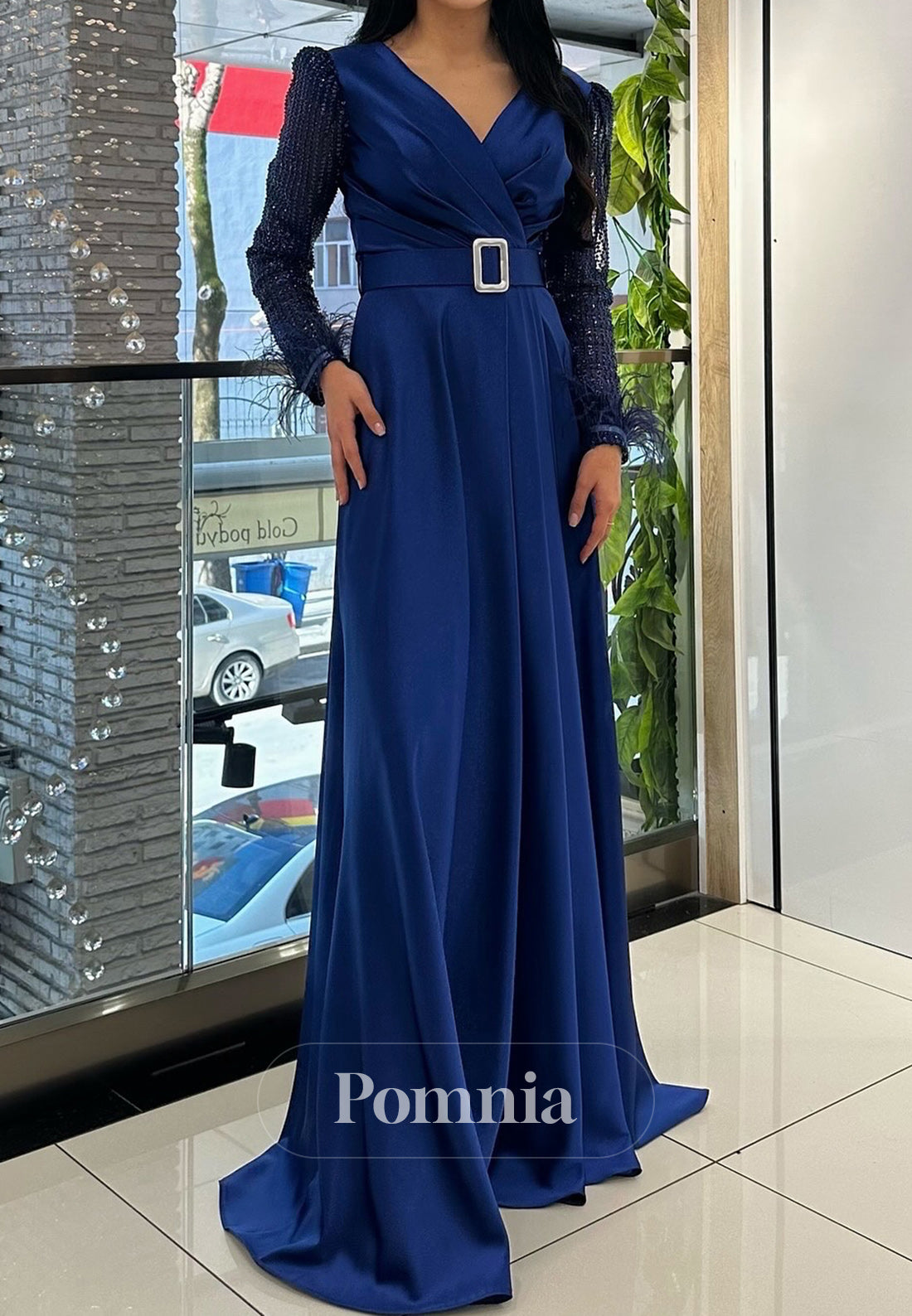 Elegant Long Sleeves V-Neck Empire-Waist Evening Dress Elegant Long Sleeves V-Neck Empire-Waist Evening Dress