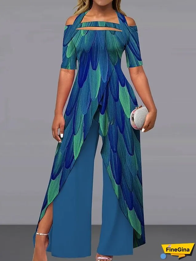 Women's Jumpsuit Print Floral Off Shoulder Elegant Party Wide Leg Regular Fit Short Sleeve Pink Navy Blue Royal Blue S M L Summer