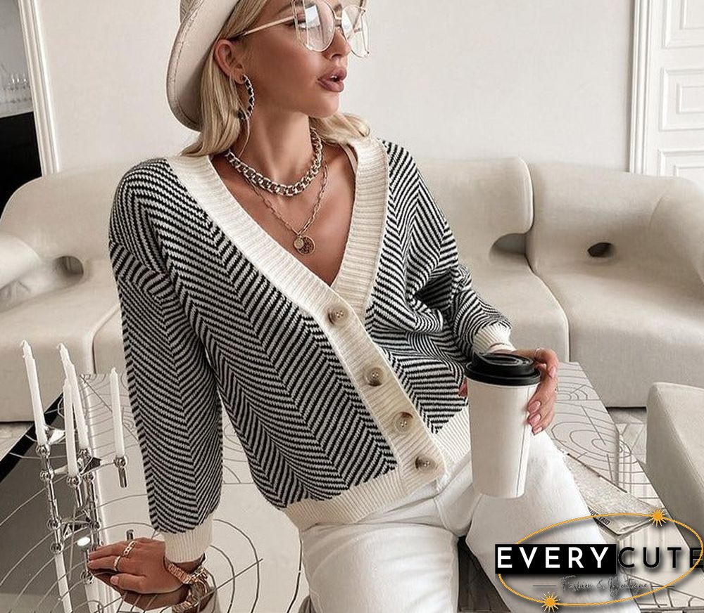 Casual stripes v-neck female cardigan autumn Office lady long sleeve women cardigan sweater Basic fashion short top coat