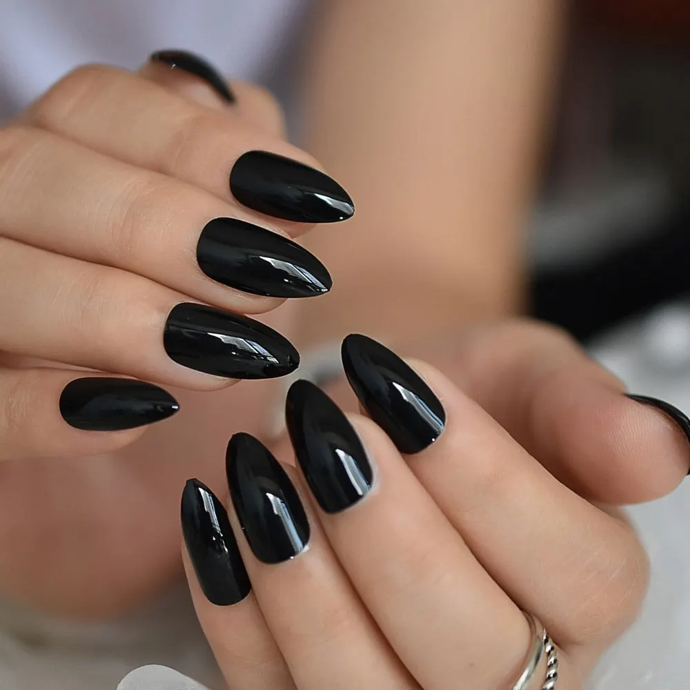 Medium Short Nails Black Glitter Stiletto Sharp False Fingernail Press On Nail Tips Wholesale Full Cover Nails Pre Designs Charm-Nail Inspo