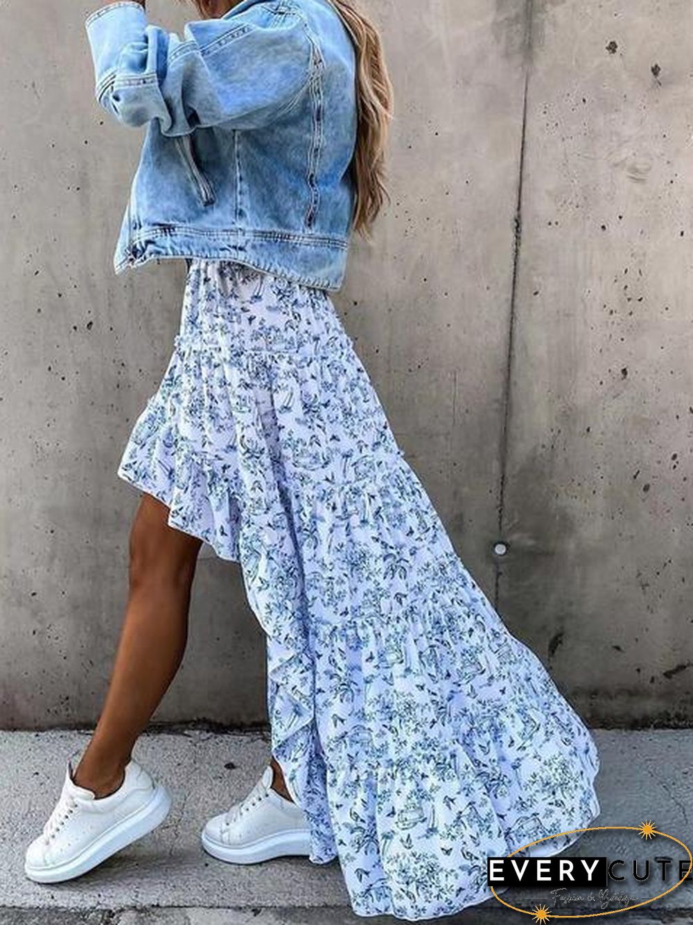 Casual Floral Print Asymmetrical Hem Skirt